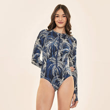 Lataa kuva gallerian katseluohjelmaan, Model Front: Uv Line Badeanzug Swimsuit Macae Coconut Palms Navy Blue Upf50+

