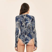 Lataa kuva gallerian katseluohjelmaan, Model Back: Uv Line Badeanzug Swimsuit Macae Coconut Palms Navy Blue Upf50+
