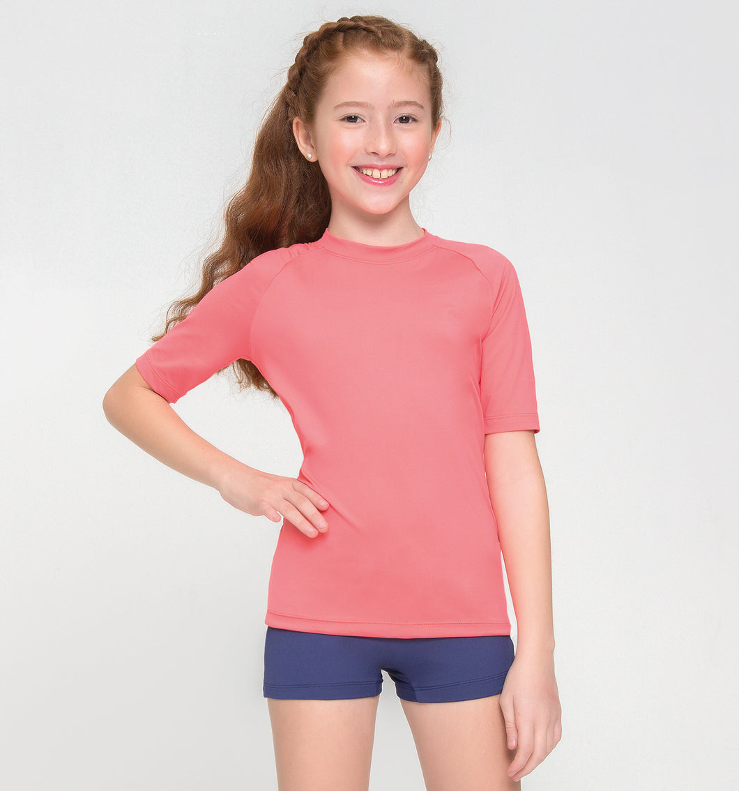 Model Front: Uv Line Rashguard Kids Fpu50+ Uvpro Short Sleeve T-Shirt Coral Uv